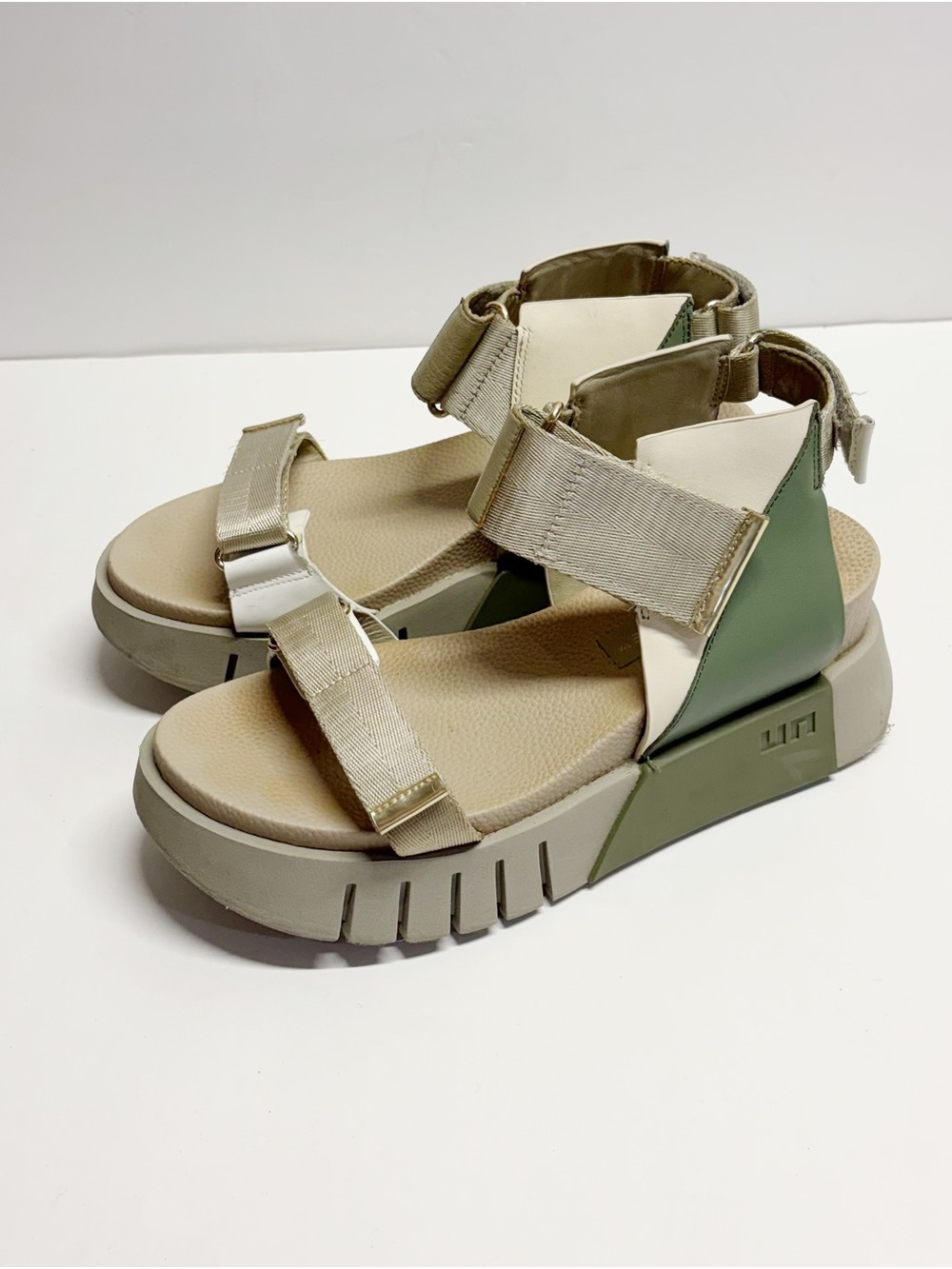 United Nude Beige and Olive Platform Sandals with Cream Straps